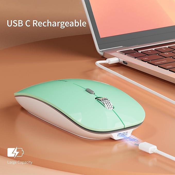 Uciefy Q5 Slim Rechargeable Wireless Mouse, 2.4G Portable Optical Silent Ultra Thin Wireless Computer Mouse with USB Receiver and Type C Adapter, Compatible with PC, Laptop, Desktop (Mint Green)