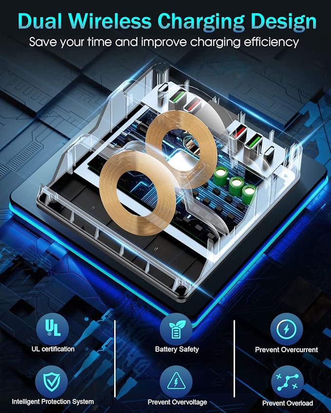 Wireless Charging Station with 6 USB Ports, 8 in 1 15W Dual Wireless Charger Station, 2 QC/2 PD USB Fast Charging Station, 80W Phone Charger for iPhone14/13/12/11/X/Samsung/Android/iWatch