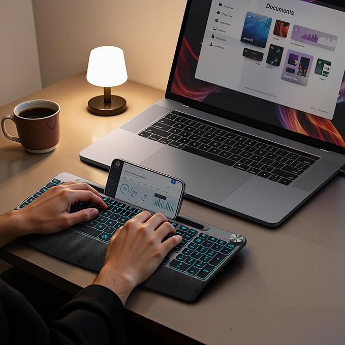 Ergonomic Backlit Wireless Keyboard with Wrist Rest-Low-Profile,Phone/Tablet Holder,Rechargeable with Light Up Keyboard,Cordless Quiet Computer Keyboard for Desktop,Laptop, PC, Mac-Grey