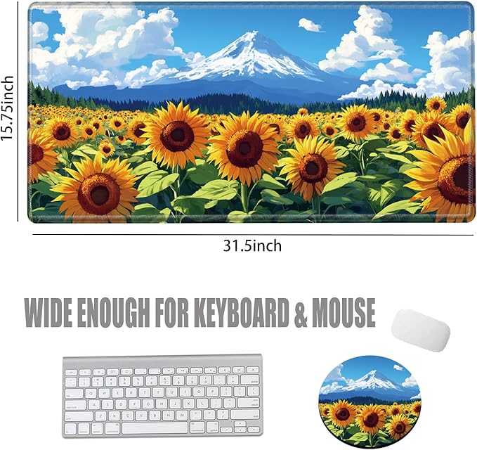 Gaming Mouse Pad Large Mousepad Sunflower Desk Mat XXL Desk Pad 31.5''x15.75'' Computer Mat with Stitched Edge Rubber Base for Work Women Home Office