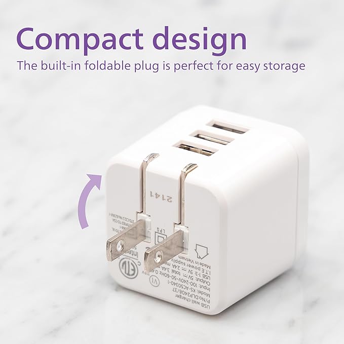 Philips iPhone USB Wall Charger Block, 17W 3-Port USB A Charging Block for iPhone 14, 13, 12 Series, iPad Power Adapter Cube, Foldable Plug Charging Box, DLP2408/37