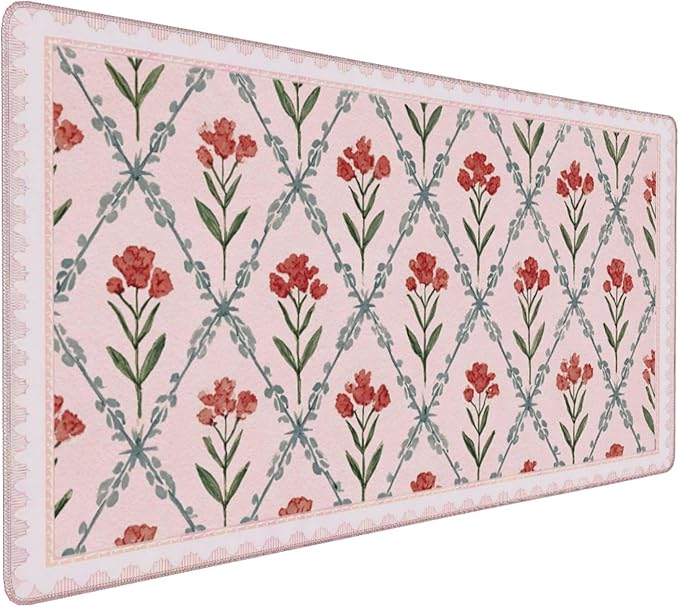 Pink Floral XXL Desk Mat - Extra Large Anti-Slip Mouse Pad with Stitched Edges for Women, Office & Home, Computer Keyboard Mat for Desk, Cute Aesthetic Office Supplies & Decor for Women