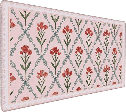 Pink Floral XXL Desk Mat - Extra Large Anti-Slip Mouse Pad with Stitched Edges for Women, Office & Home, Computer Keyboard Mat for Desk, Cute Aesthetic Office Supplies & Decor for Women