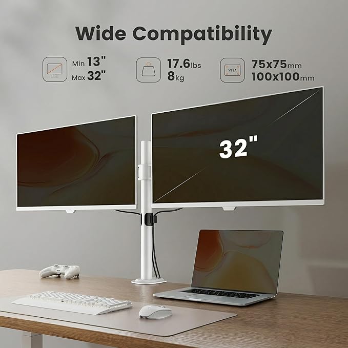 ErGear Fully Adjustable Dual Monitor Mount for 2 Screens up to 32 Inches, Holds up to 17.6 lbs Each Arm, Desk Stand, White