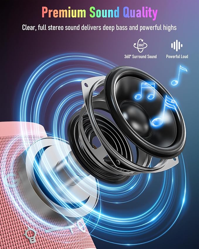 Portable Bluetooth Speaker Wireless with 9 Color Lights, 20H Playtime, Stereo Pairing, Deep Bass, IPX6 Waterproof, Bluetooth 5.3, Small Speaker for Home, Party, Outdoor, Camping
