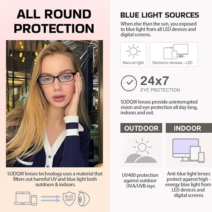 SODQW Office-Siren Blue Light Glasses for Women, Rectangle Frame, Y2K Small Eyewear, Anti Eyestrain Computer Glasses