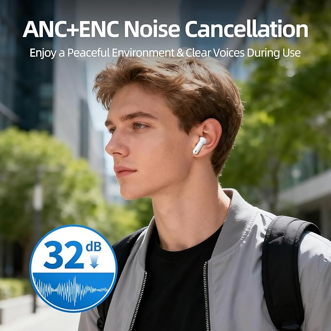 Wireless Earbuds, 100H Bluetooth 5.4 Headphones, ENC+ ANC Noise Cancelling Touch Control True Wireless Bluetooth Ear Buds,Stereo Deep Bass Bluetooth Headset for Sports/Workout/Gym(White)