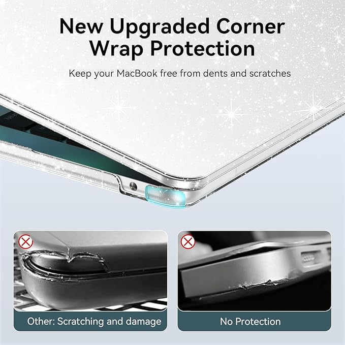 EooCoo Case Compatible with MacBook Air 13 inch M5 2026-2022 Release M4 M3 M2 A3449 A3240 A3113 A2681, Glitter Hard Shell&Keyboard Skin Cover&Screen Protector for Mac Air 13.6 inch, Sparkly Clear