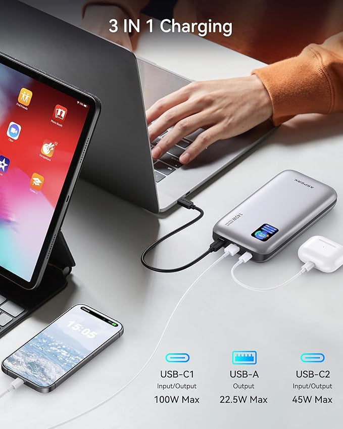 AsperX Laptop Power Bank,24,000mAh 145W PD 3.1 Fast Charging Portable Charger, TFT Smart Display USB C Battery Pack(86.4Wh) for MacBook/iPhone 16/Dell XPS/Galaxy S25/Steam Deck/ipad (Flight-Approved)