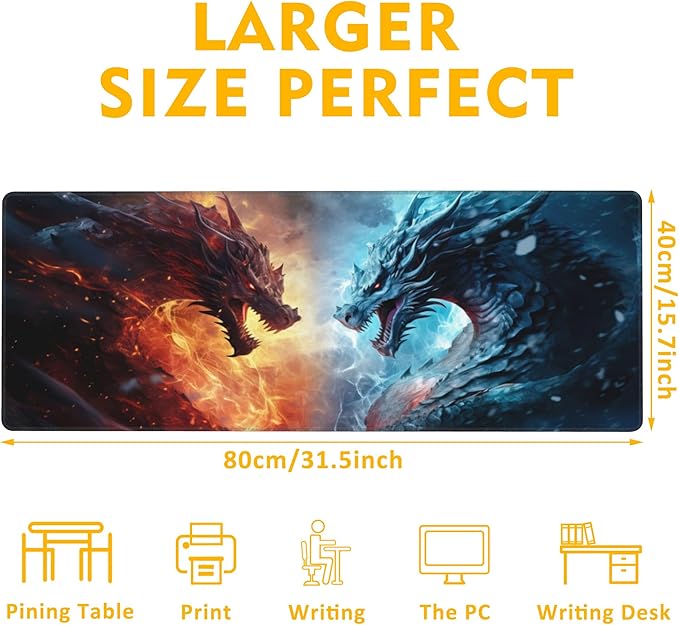 Desk Pad,Japanesev Anime Fire Ice Dragons Mouse Pad,31.5"X15.7" Extended Gaming Mouse Pad Mat with Stitched Edge Non-Slip Base Big Desk Mat for Office Keyboard Laptop