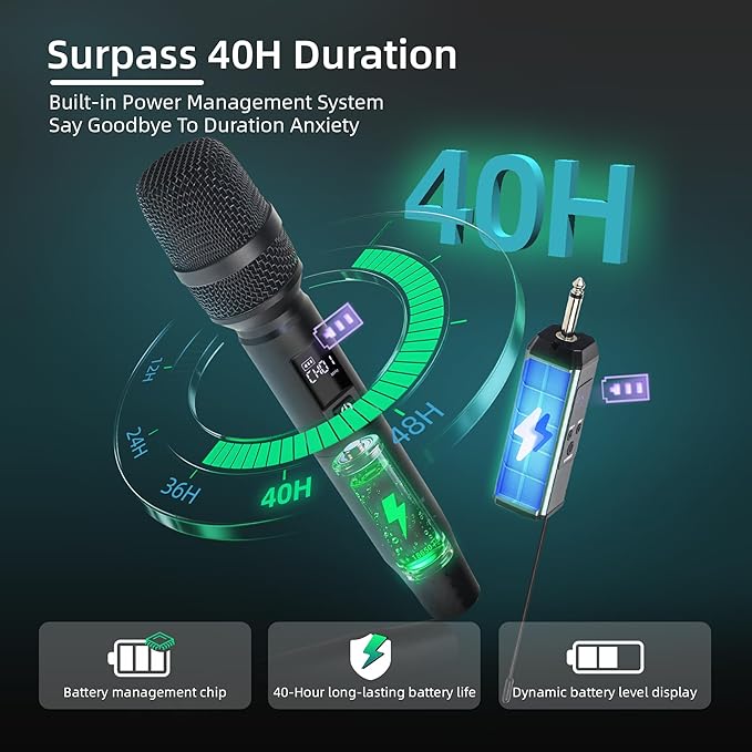 Wireless Microphones, Wireless Bluetooth Karaoke Microphone with Rechargeable Receiver(40H - 500 Ft Range), Karaoke Microphone Set for Singing, Wedding, DJ, Party, Speech, Church