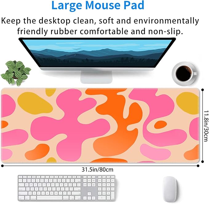 Boho Pink Desk Mat Modern Abstract Cute Large Mouse Pad XL 31.5x11.8in 3mm Non-Slip Rubber Base Extended Kawaii Pink Mousepad Stitched Edges Keyboard Mouse Mat Desk Accessories for Women Office Decor
