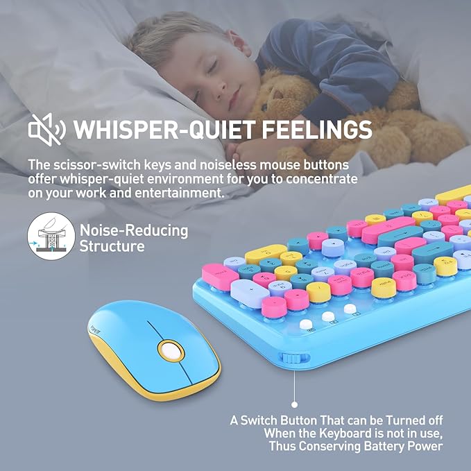 FOPETT 2.4GHz Wireless Keyboard and Mouse Set with Switch Button - Full-Size Keyboard - Compatible for Windows/Laptop/PC/Notebook/Smart TV and More - Blue Colorful