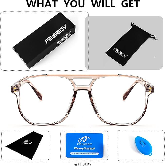 FEISEDY Blue Light Blocking Glasses Fake Nerd Clear Square Computer Lightweight Pilot Glasses Frame Oversized B2866
