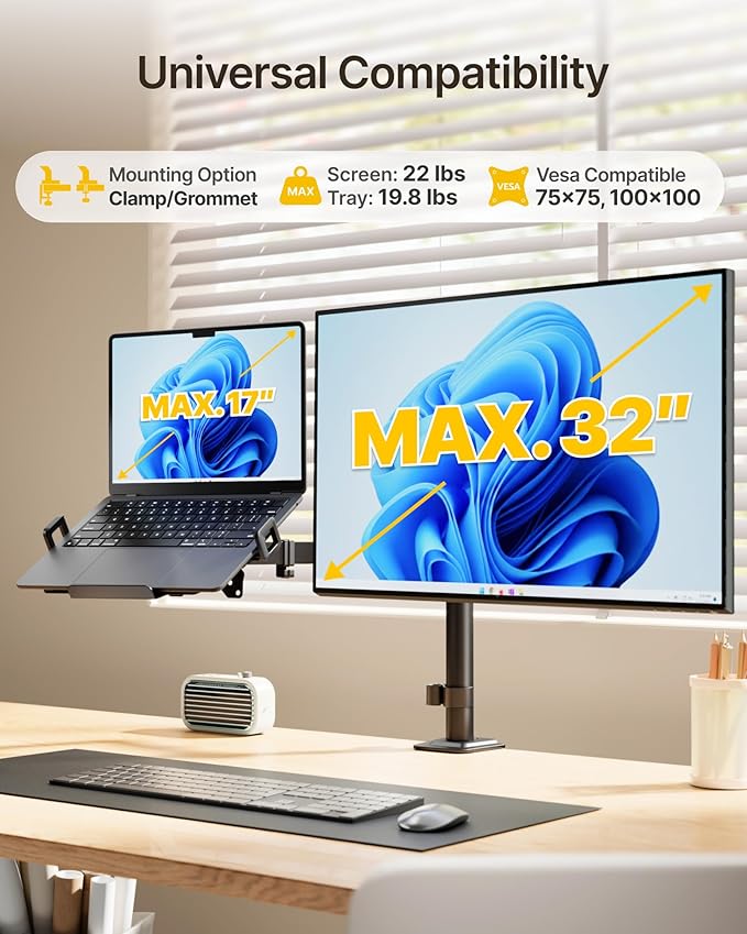 monTEK 2-in-1 Monitor Mount and Laptop Stand for Desk, Ergonomic Height Adjustable Monitor Arm Fit up to 32 inch Screen and 17 inch Laptop, Hold up to 22lbs Weight, C-Clamp and Grommet