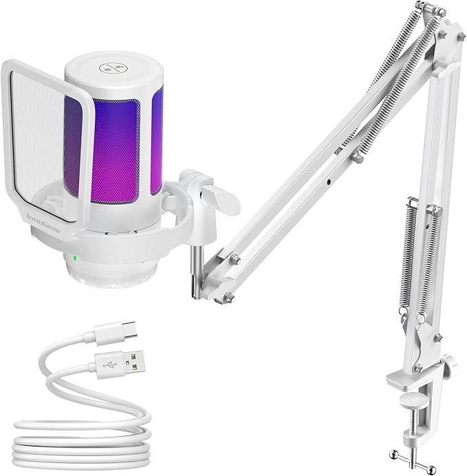 InnoGear Gaming USB Microphone, Noise Cancellation Condenser Mic with Mute, Gain, RGB Indicator, Boom Arm Stand for Streaming, Podcast, Twitch, YouTube, Discord, PC, Computer, PS4, PS5, Mac, White