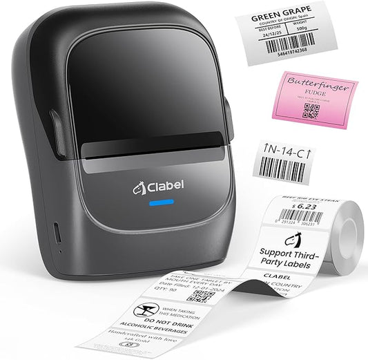 CLABEL Label Maker Machine with Tape, 221B Thermal Bluetooth Label Printer 2 Inch Portable Barcode Inkless Sticker for Small Business, Retail Office,Office, Home, Came with 1 Roll Label (Grey)