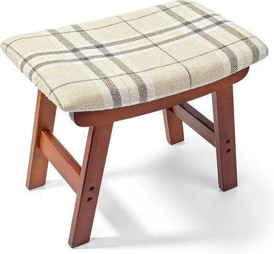 BAMBOO LAND- Bamboo Foot Stools Ottoman, Beige Cushion & Brown Wood Legs, Small Ottoman Foot Rest for Couch