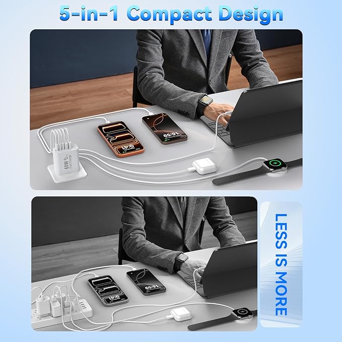 USB C Fast Charger Block, 60W Phone USB C Wall Charging Blocks, Type C Charger Fast Charging Brick, 5Port Multiport Charger Plug Power Adapter for Phone 17/16/15/14/13 Pro Max, Pad, Galaxy S25-2Pack