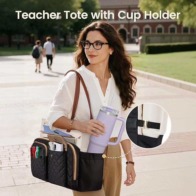 LOVEVOOK Tote Bag for Women, Work Bag with Large Cup Holder, Large Capacity Teacher Tote with Multi Pockets, Water Resistant Nurse Diaper Tote Fit 17.3 Inch Laptop, 17.3 Inch Black Beige Brown