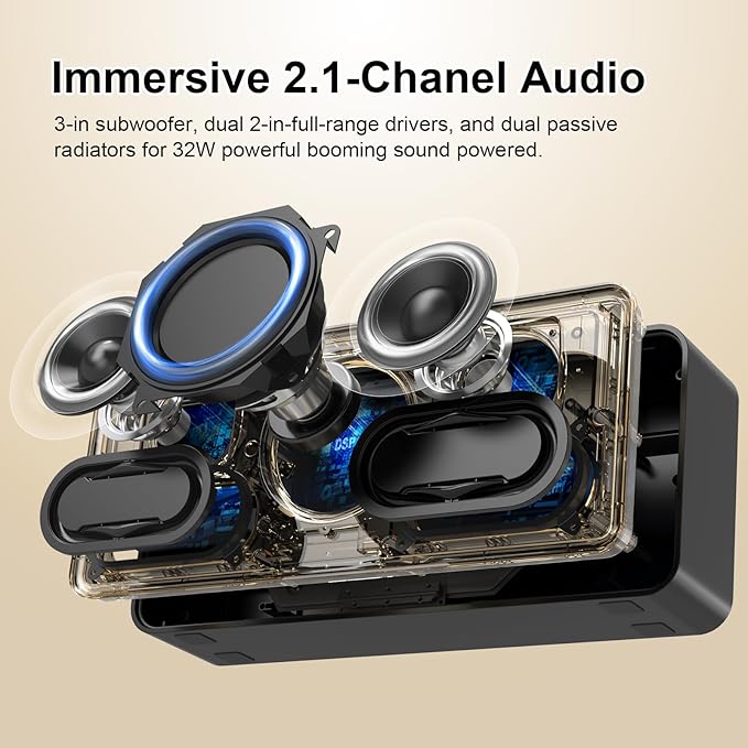 DOSS SoundBox XL Bluetooth Speaker with Subwoofer, Booming Bass, Dual DSP Technologies, TWS, 2.1 Audio Channel for Home, Indoor, Office and Entertainment - Gold