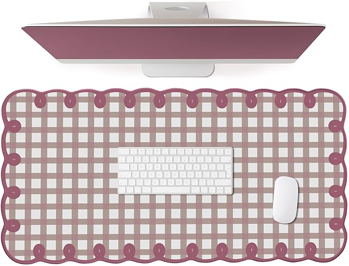 Cute Purple Pink Scalloped Desk Mat Kawaii Pastel Retro Checkered Large Mouse Pad Aesthetic Vintage Cozy Office Desk Decor for Women Girl Stitched Pad for Computer Keyboard & Mouse 31 * 15.7in