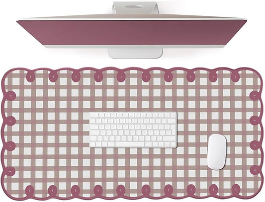 Cute Purple Pink Scalloped Desk Mat Kawaii Pastel Retro Checkered Large Mouse Pad Aesthetic Vintage Cozy Office Desk Decor for Women Girl Stitched Pad for Computer Keyboard & Mouse 31 * 15.7in