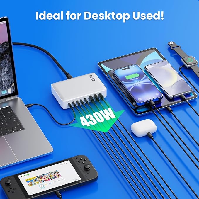 USB C Charger 430W USB C Charger Block 8-Ports GaN IV Fast Charging Station,PD 100W Laptop Charging Hub Wall Charge Adapter Compatible with MacBook/Air,DELL,Steam Desk,iPhone 16/15/14,Galaxy