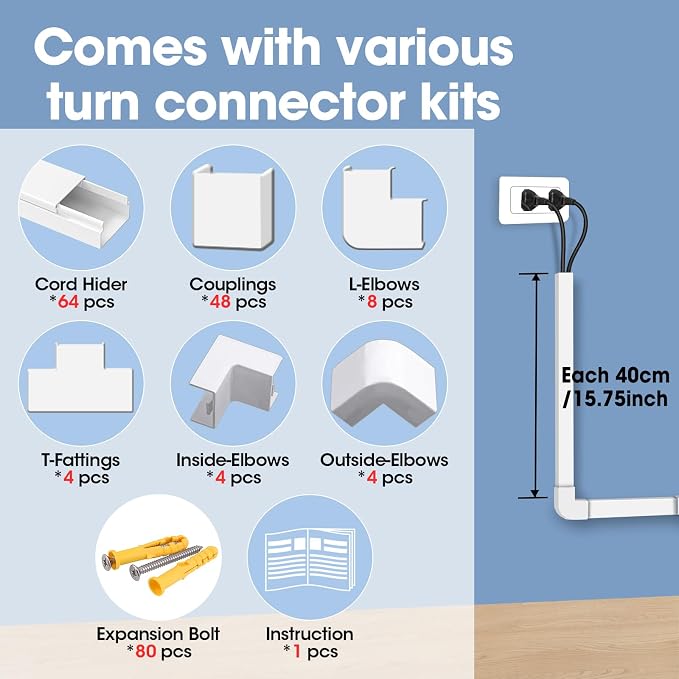 1000in Cord Hider Kit, Cord Covers for Wires on Wall, Paintable Cable Raceway, Cord Hider for Wall Mount tv, tv Cable Hider Wall kit, Wire Covers for Cords, 64X L15.7 X W0.96in X H0.57in, White - Image 3