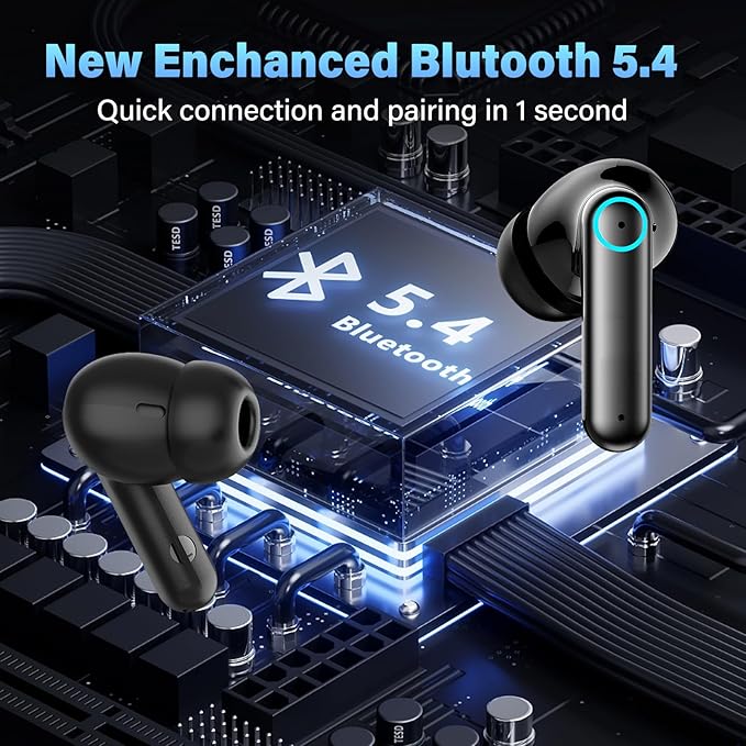 Wireless Earbuds, Ear Buds with Noise Cancelling Mic, Hi-Fi Stereo Bass Ear Buds with 48H Playtime, Bluetooth 5.4 Headphones Bass Stereo, Bluetooth Earbuds for Laptop, Phones, Sports