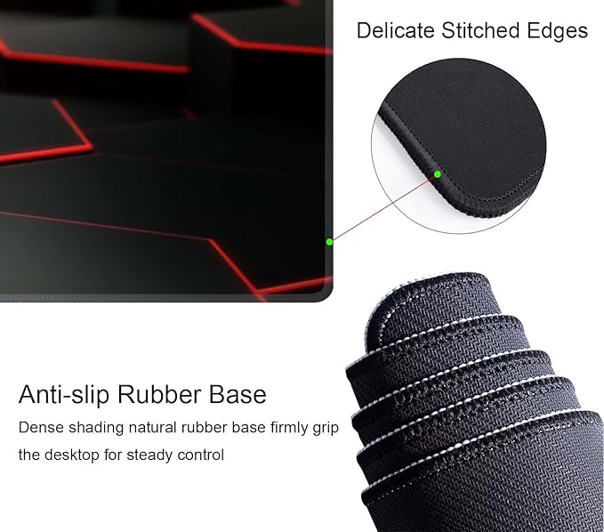 Gaming Mouse Pad Large, Keyboard Mouse Mat Desk Pad, Non-Slip Rubber Base with Stitched Edges Mousepad, 31.5X11.8 inch Abstract Black Hexagon Background with Red Line