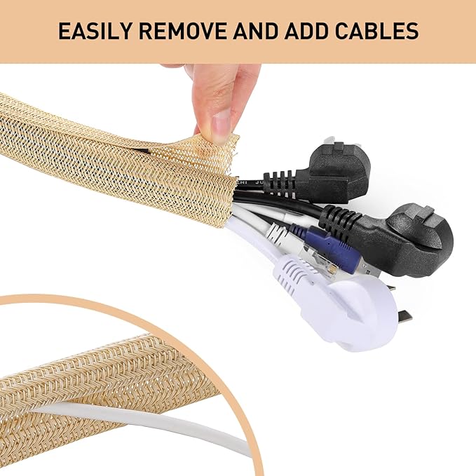 AGPTEK Cable Sleeve, 10ft - 4/5 inch Cable Management, Desk Cord Cover Organizer Wire Hider for Home Office Computer TV Wire Loom Tubing, Pet Proof Cord Protector from Cat Dog Chewing, Wood Color - Image 4