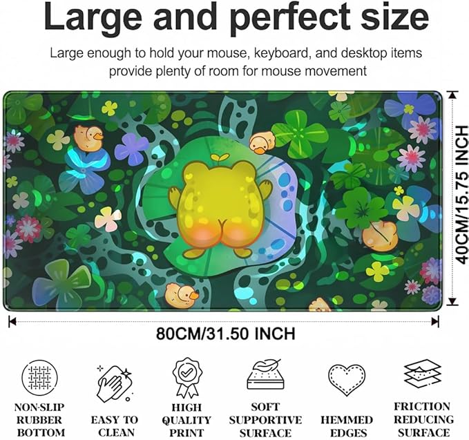 Cute Frog Desk Decor Mouse Pad Funny Desk Mat Frog Decor Desk Pad, Kawaii Green Desk Mat for Keyboard and Mouse, Gaming Mouse Pad for Computer Keyboard Laptop with Stitched Eges Pad 31.5"X15.7"