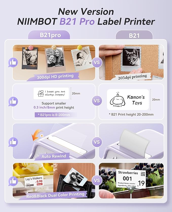 NIIMBOT B21 Pro Label Maker with Tapes, 300DPI HD Label Printer, Sticker Maker for Home Organization, Photo Print, Study Graphics, Scrapbook, Lavender Purple