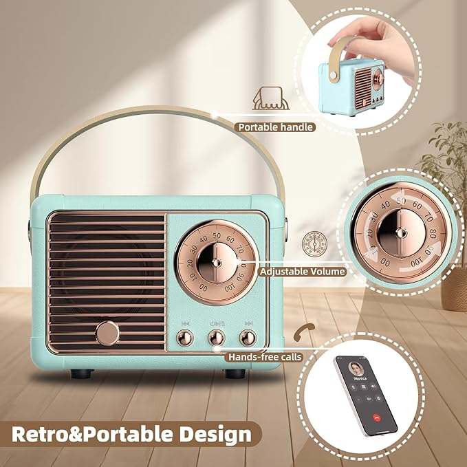 Retro Mini Speaker Vintage Decor Aesthetic Portable Wireless Speaker Built-in Mic Best Birthday Gifts Ideas Teenage,Boys,Men,Him Old Fashion Style for Home,Office,Bookshelf,Kitchen,Bedroom(Blue)