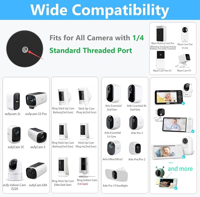 Clamp Mount for Arlo Pro 5S/Pro 4/Pro 3/Pro 2/Essential/eufy/AOSU/Reolink Camera and More 1/4'' Screw Camera (Black, 1 Pack) - Image 2