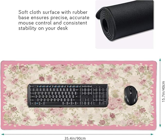 Aesthetic Floral Desk Pad for Women, Pink XXL Large Mouse Pad with Stitched Edges, Non-Slip Office & Home Desk Mat for Computer, Keyboard, Cute Office Decor & Supplies