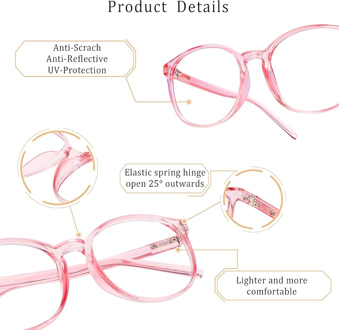 LifeArt Round Blue Light Blocking Glasses, Computer Glasses, Gaming Glasses, TV Glasses for Women Men (Clear Pink, 2.50 Magnification)