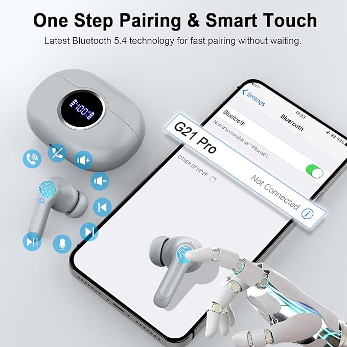 Wireless Earbuds, 2026 Bluetooth 5.4 Headphones 3D Bass Hi-Fi Stereo Ear Buds, 4 ENC Noise Cancelling Mic, 40Hrs USB-C in-Ear Earphones, IP7 Waterproof Workout Sport for Laptop Pad Android iOS, Grey