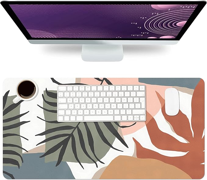 Desk Mat Large Protector Pad 27.5" ×13.8", Non-Slip PU Leather Desk Blotter, Waterproof Mouse Pad for Office Home Abstract Leaf