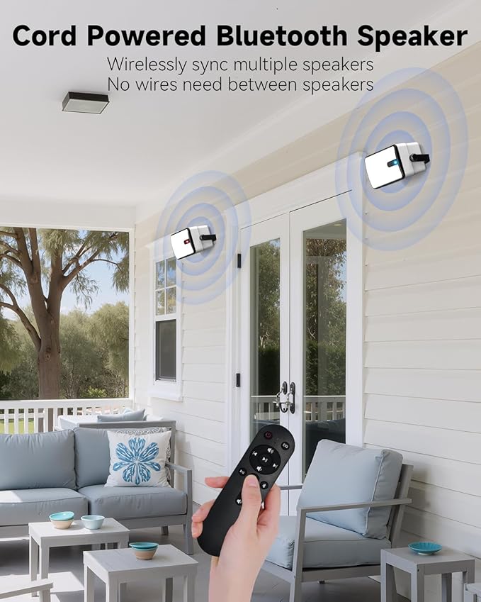250W Outdoor Bluetooth Speakers, Wireless Sync Between Speakers, Powerful Bass, Wall Mount for Patio, Porch, Gazebo, Garage, 2-Pack, White(MZ-632)