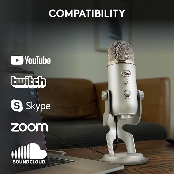 Logitech Creators Blue Yeti USB Microphone for PC, Mac, Gaming, Recording, Streaming, Podcasting, Studio and Computer Condenser Mic with Blue VO!CE Effects, 4 Pickup Patterns, Plug and Play - Silver