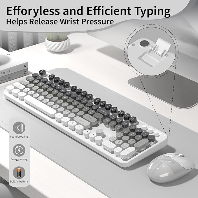 Creamy Wireless Keyboard and Mouse, MOFII 104 Round Keycaps Retro Typewriter with OTG & Brush, Full-Size Ergonomic, Ideal for Windows PC, Home, Office and College Gray White