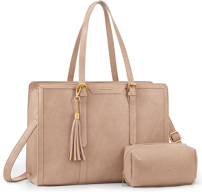 LOVEVOOK Laptop Bag for Women Vintage Leather Work Tote 15.6 inch Large Capacity Computer bag with Clutch Purse for Office, Travel, School, Casual