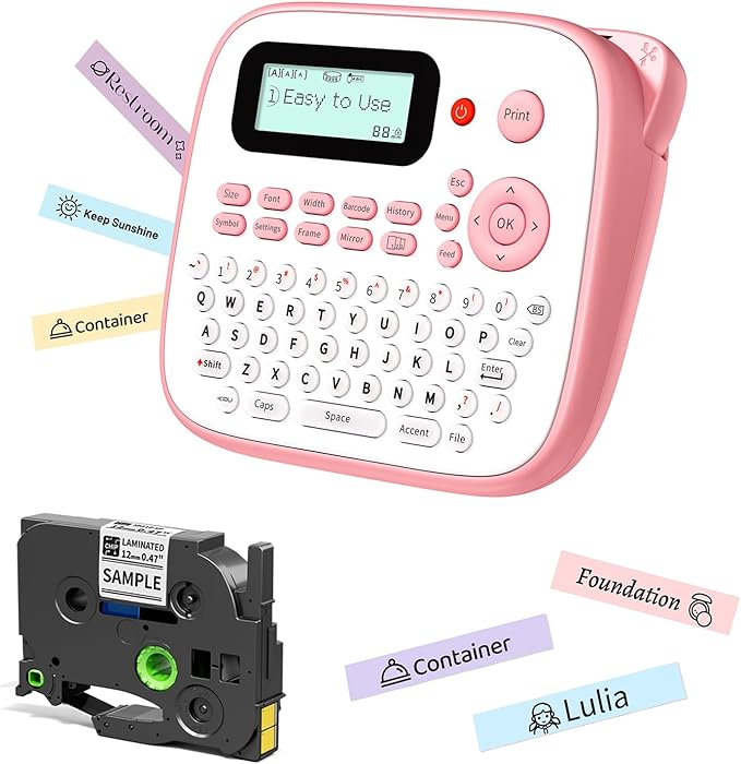 Pink Label Maker Machine with-Tape Waterproof, Portable Kids Label Maker, Keyboard Labeler Handheld, D210S Easy Labeler Machine with Multiple Fonts Frame Barcode for Home Office School Supplies