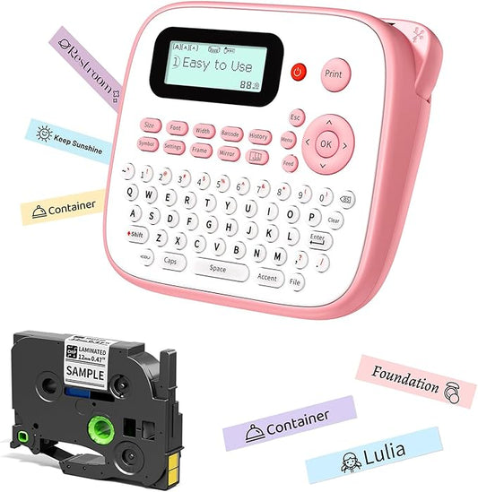 Pink Label Maker Machine with-Tape Waterproof, Portable Kids Label Maker, Keyboard Labeler Handheld, D210S Easy Labeler Machine with Multiple Fonts Frame Barcode for Home Office School Supplies