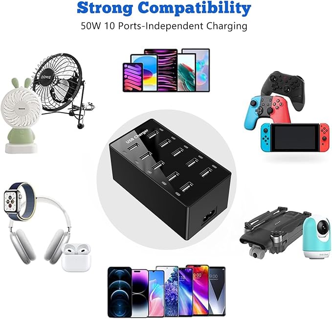 Multiple USB Charger, 10 Port USB Charging Station, Charging Station for Multiple Devices, Charger Block for iPhone 13/14/15/16/Samsung S24/S25 Ultra/Google/iPad/iPod