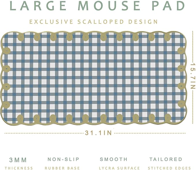 Cute Blue Green Scalloped Desk Mat Checkered Large Mouse Pad Kawaii Vintage Farmhouse-Inspired Cottagecore Office Desk Decor Stitched Nonslip Pad for Computer Keyboard & Mouse 31 * 15.7in