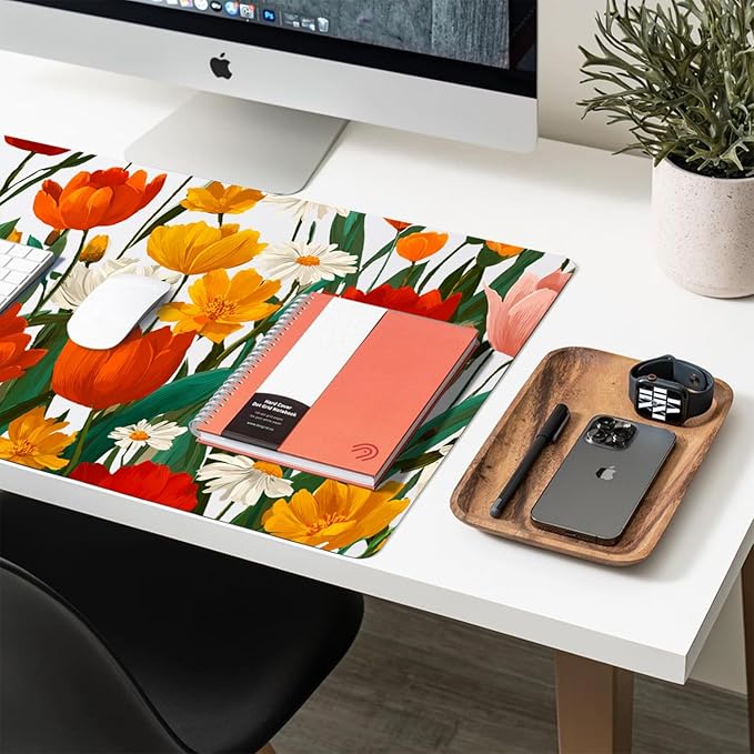 Large Mouse Pad, Red Floral Desk Mat for Desktop, Women Girls Flowers PU Leather Waterproof Desk Pad, Computer PC Laptop Protector Gaming Mouse Pads for School Office Home 23.6" x 11.8"