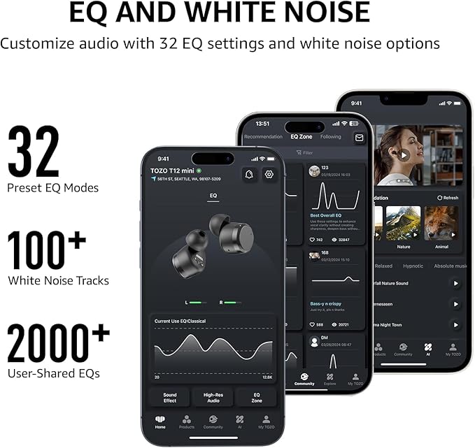 TOZO Wireless Earbuds Bluetooth 5.3 Headphones Premium Sound Performance Touch Control LED Digital Display Wireless Charging Case Earphones Black